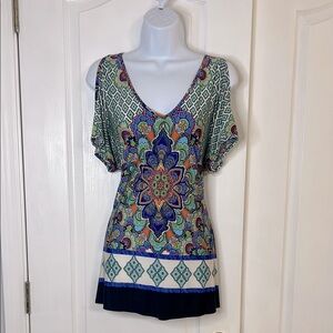 Boston Proper Green and Blue Cold Shoulder Sleeve Blouse